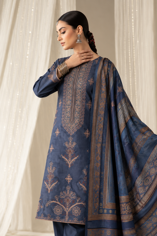 Navy Blue embroidered winter Dhanak 3 piece unstitched Pakistani suit – dupatta and embroidery close-up | Anaya Haram