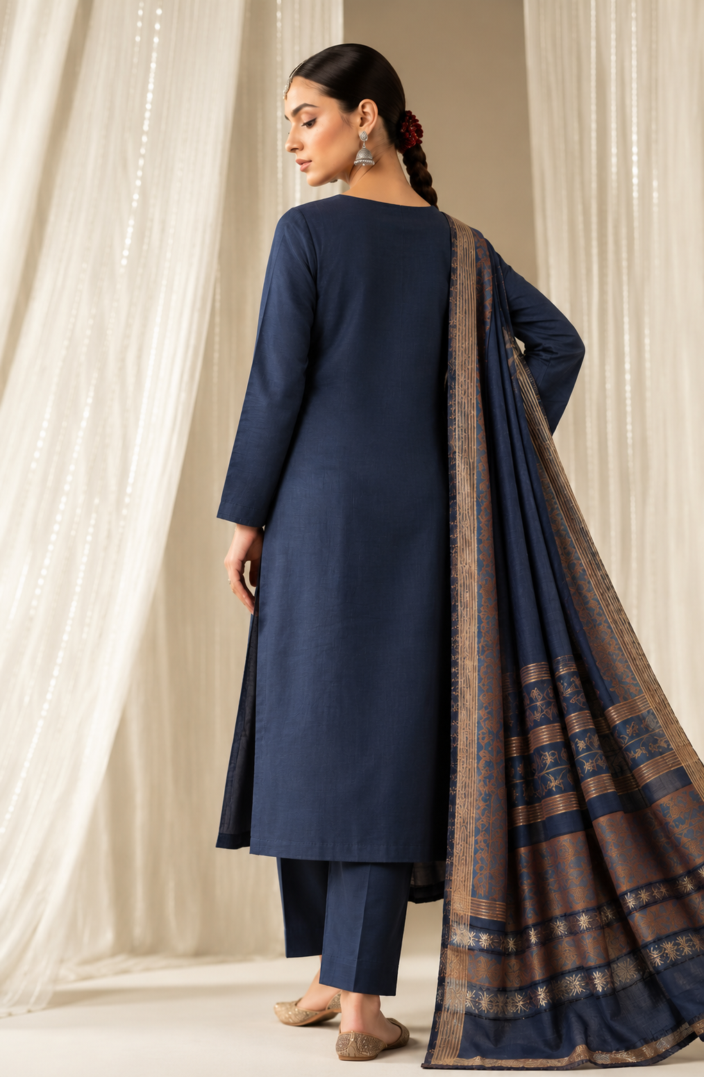 Navy Blue embroidered winter Dhanak 3 piece unstitched Pakistani suit – alternate outfit view | Anaya Haram