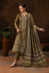 Olive Brown embroidered winter Dhanak 3 piece unstitched Pakistani suit – front design | Anaya Haram