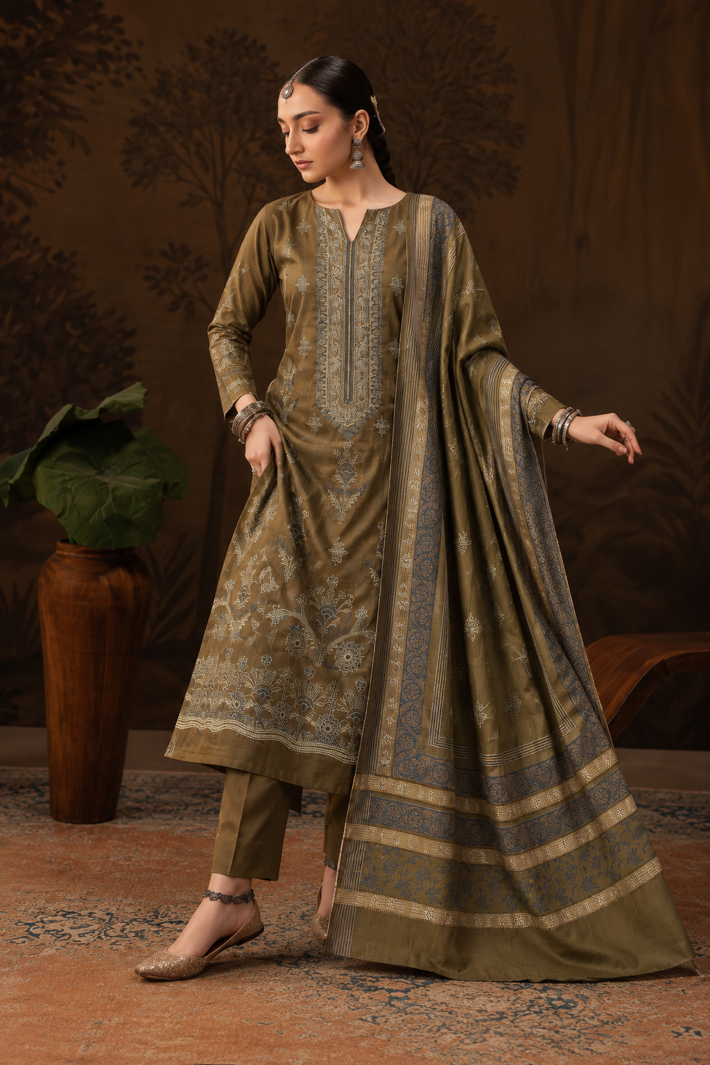 Olive Brown embroidered winter Dhanak 3 piece unstitched Pakistani suit – front design | Anaya Haram