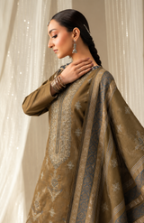 Olive Brown embroidered winter Dhanak 3 piece unstitched Pakistani suit – dupatta and embroidery close-up | Anaya Haram