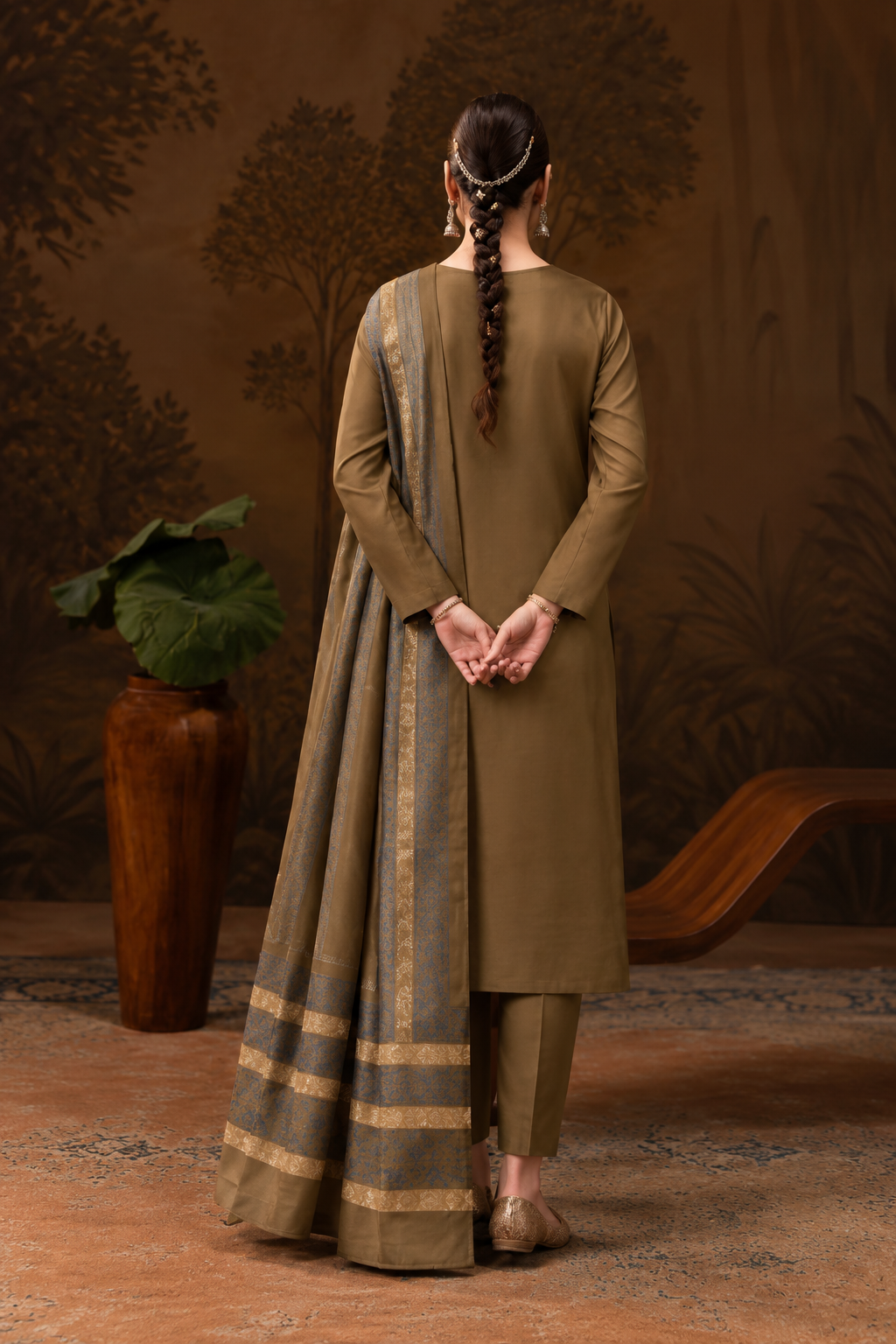 Olive Brown embroidered winter Dhanak 3 piece unstitched Pakistani suit – alternate outfit view | Anaya Haram
