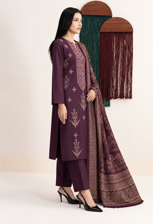 Plum Purple embroidered winter Dhanak 3 piece unstitched Pakistani suit – front design | Anaya Haram