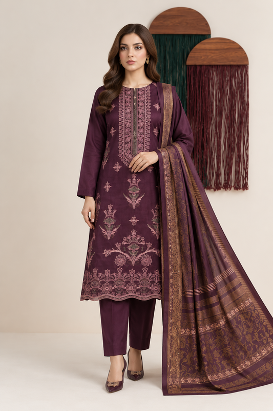 Plum Purple embroidered winter Dhanak 3 piece unstitched Pakistani suit – dupatta and embroidery close-up | Anaya Haram