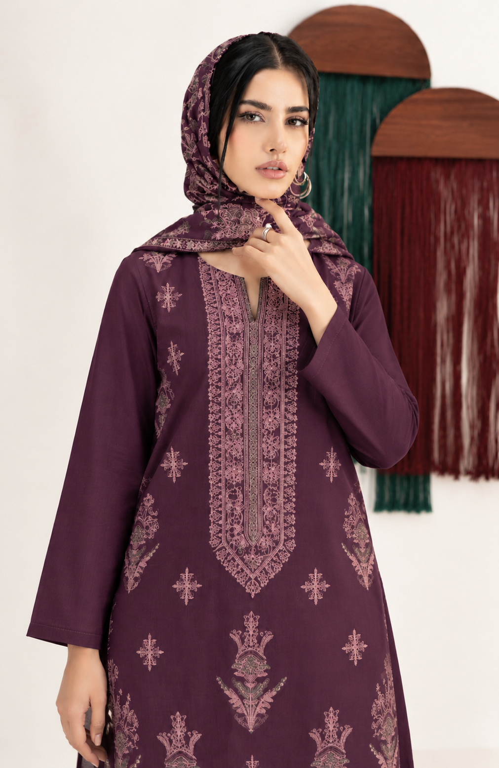 Plum Purple embroidered winter Dhanak 3 piece unstitched Pakistani suit – alternate outfit view | Anaya Haram