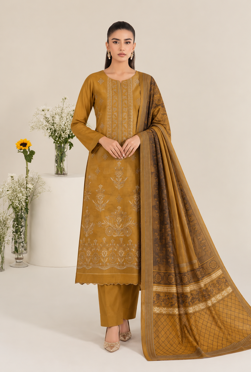 Mustard Yellow embroidered winter Dhanak 3 piece unstitched Pakistani suit – front design | Anaya Haram