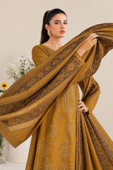 Mustard Yellow embroidered winter Dhanak 3 piece unstitched Pakistani suit – dupatta and embroidery close-up | Anaya Haram