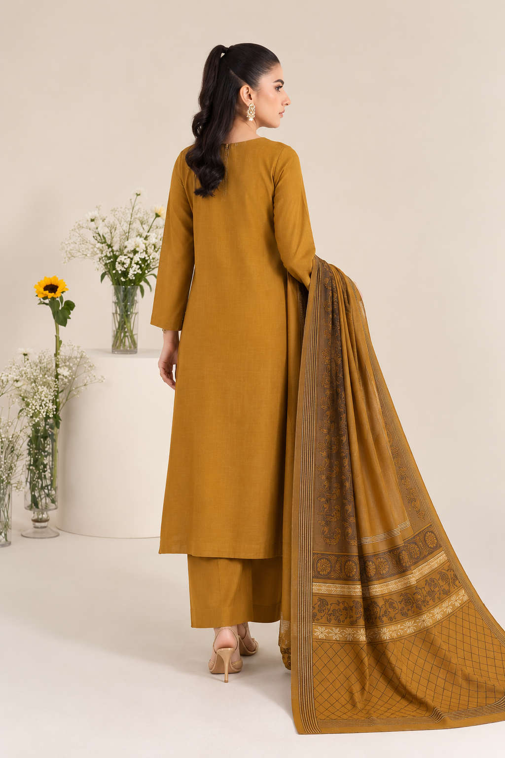 Mustard Yellow embroidered winter Dhanak 3 piece unstitched Pakistani suit – alternate outfit view | Anaya Haram