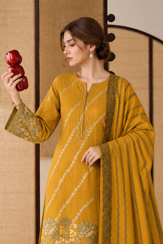 Mustard Yellow Dhanak 3 piece unstitched Pakistani suit close-up of shirt embroidery and sleeve details | Anaya Haram