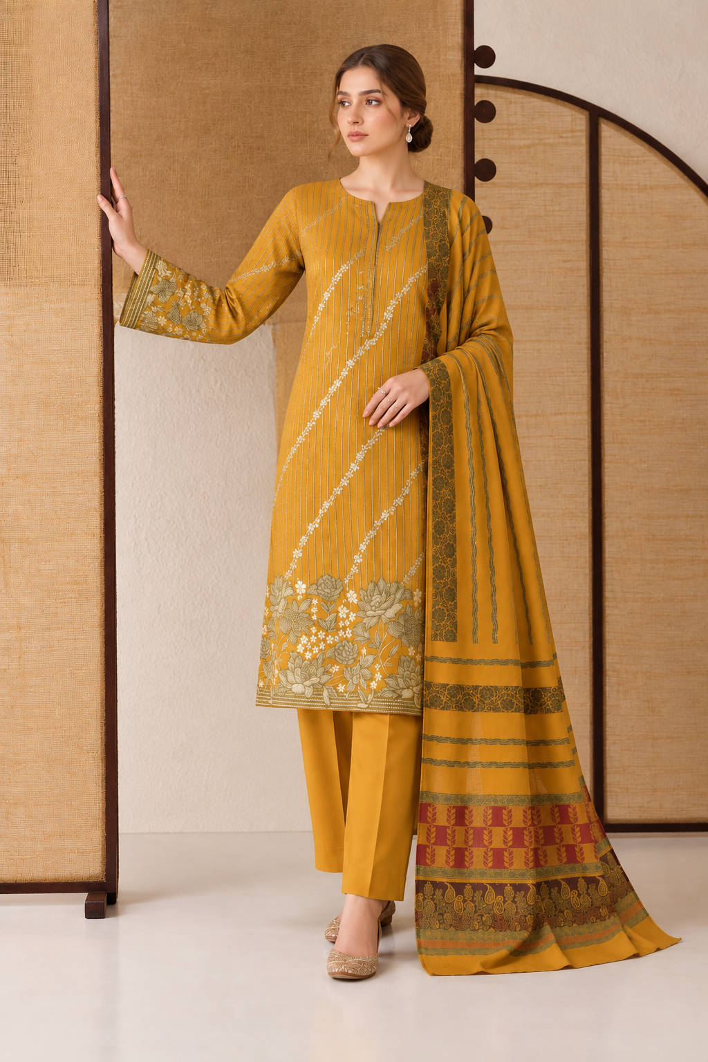 Mustard Yellow Dhanak 3 piece unstitched Pakistani suit front full length view with dupatta | Anaya Haram