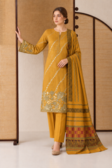Mustard Yellow Dhanak 3 piece unstitched Pakistani suit front full length view with dupatta | Anaya Haram