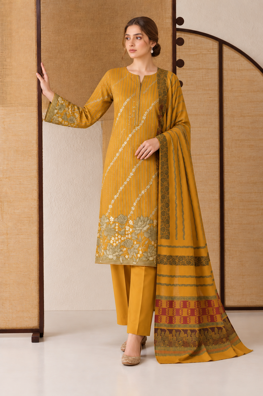 Mustard Yellow Dhanak 3 piece unstitched Pakistani suit front full length view with dupatta | Anaya Haram