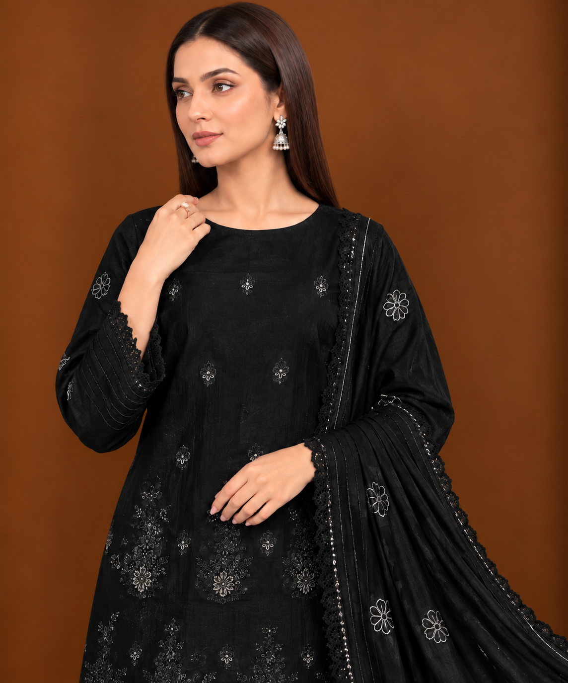 Black luxury lawn suit floral embroidery and embroidered dupatta close up