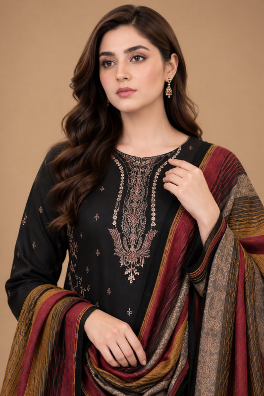 Close up of black Dhanak suit with detailed embroidered neckline and multi-tone printed shawl