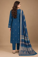Back view of teal blue 3 piece unstitched Dhanak suit with printed shawl