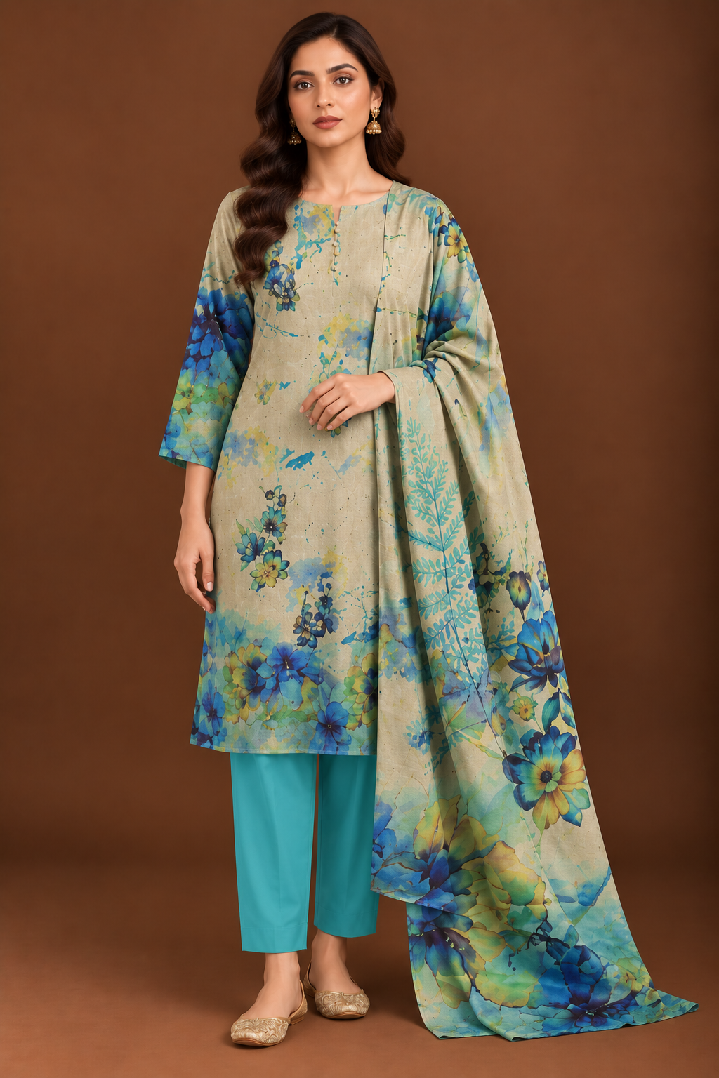 Aqua blue floral 3 piece unstitched printed lawn suit for women