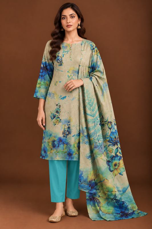 Aqua blue floral 3 piece unstitched printed lawn suit for women
