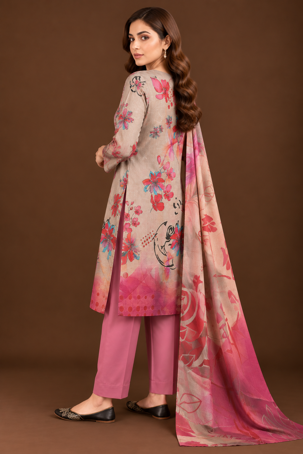 3 piece unstitched pink lawn suit with printed dupatta