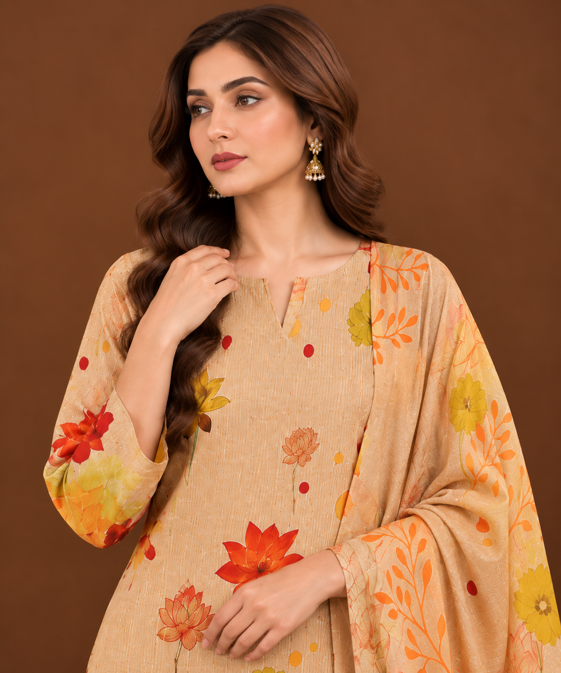 Beige orange floral printed Pakistani lawn suit for women
