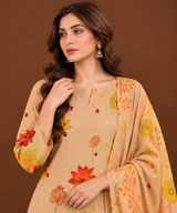 Beige orange floral printed Pakistani lawn suit for women