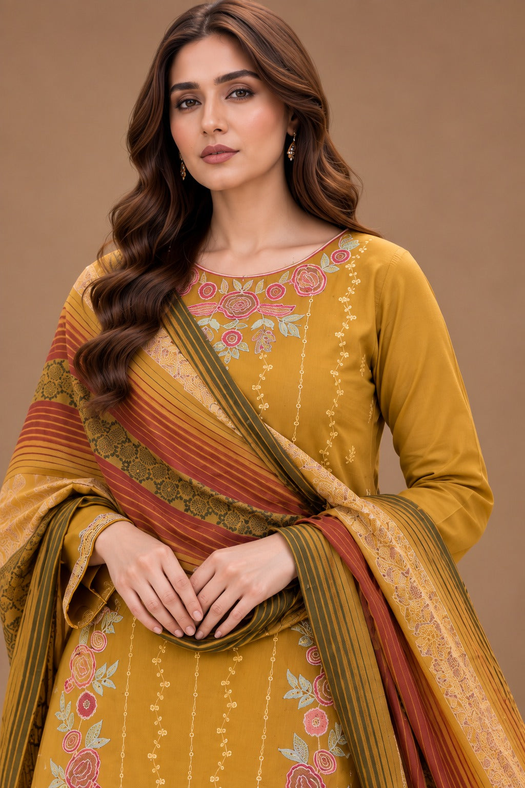 Mustard Gold embroidered Dhanak suit floral neckline with Warm Multani Shawl