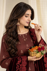 Chocolate Maroon embroidered winter suit with velvet shawl, embroidery and shawl close-up