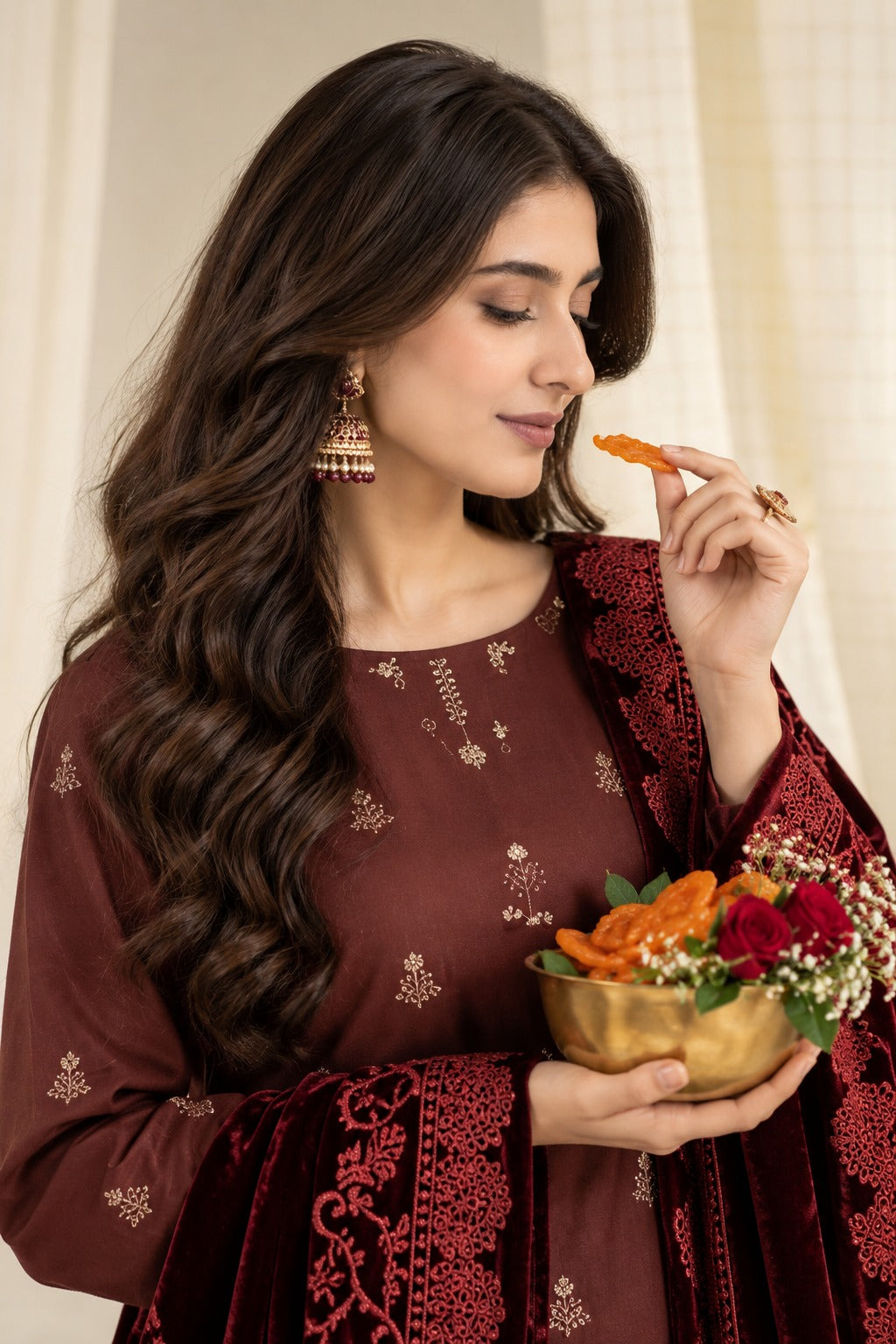 Chocolate Maroon embroidered winter suit with velvet shawl, embroidery and shawl close-up