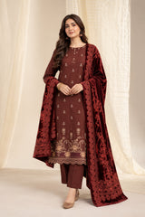 Chocolate Maroon embroidered winter suit with velvet shawl, front view styled on a model