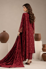 Crimson Maroon embroidered winter suit with velvet shawl, back view styled on a model