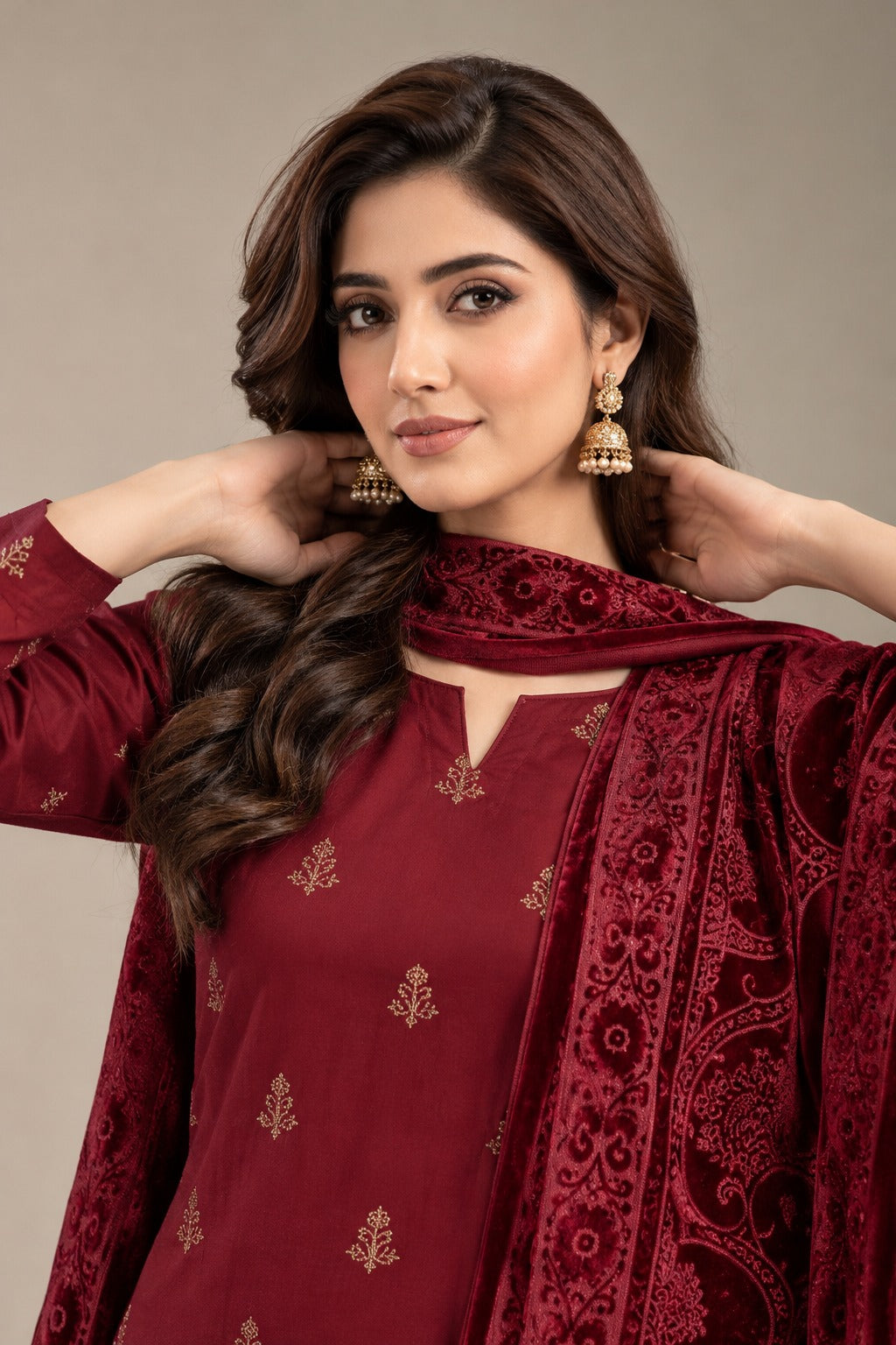 Crimson Maroon embroidered winter suit with velvet shawl, embroidery and shawl close-up
