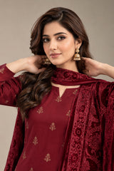 Crimson Maroon embroidered winter suit with velvet shawl, embroidery and shawl close-up
