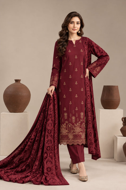 Crimson Maroon embroidered winter suit with velvet shawl, front view styled on a model