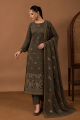 Olive Brown winter Dhanak 3 piece unstitched suit front – Anaya Haram