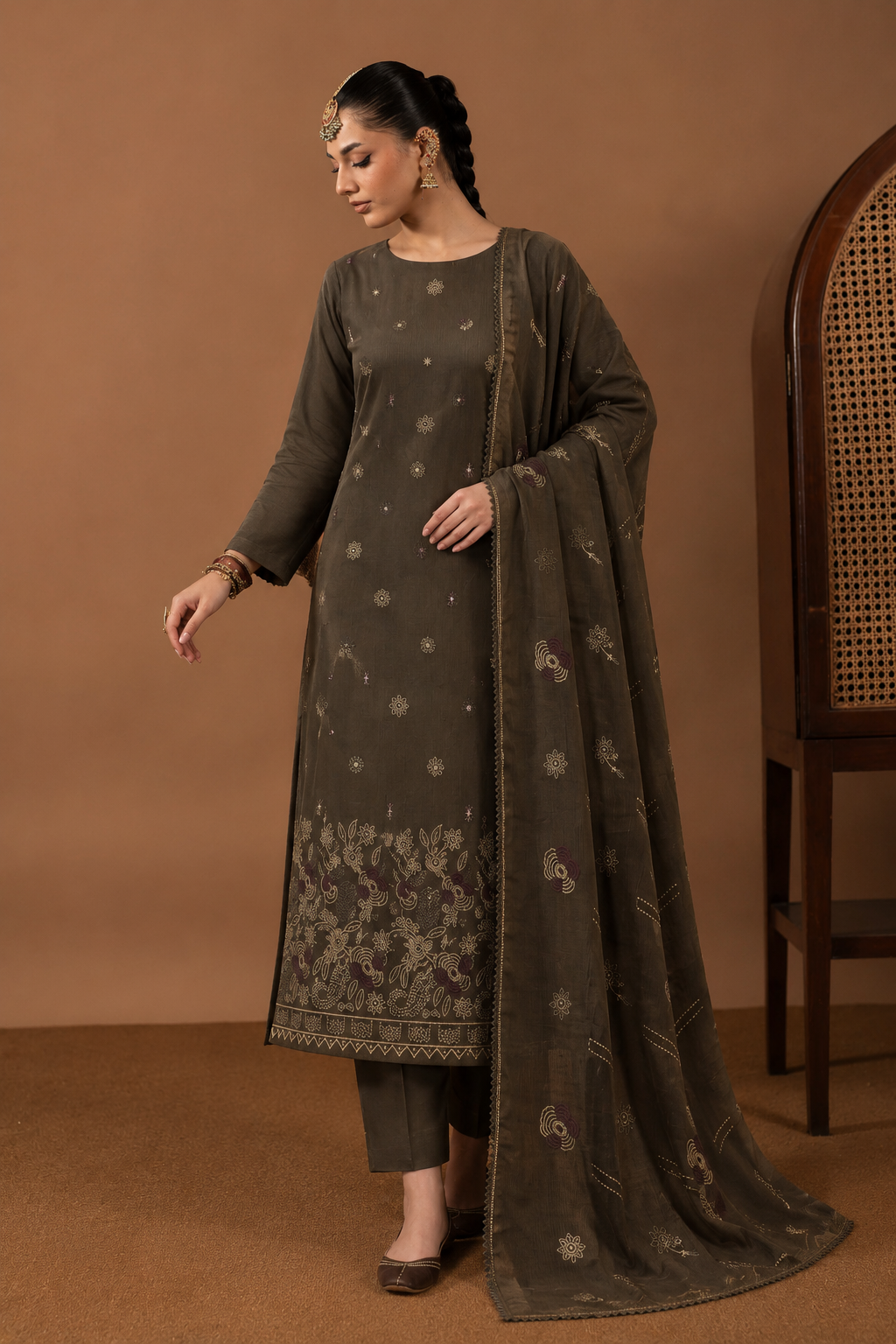 Olive Brown winter Dhanak 3 piece unstitched suit front – Anaya Haram