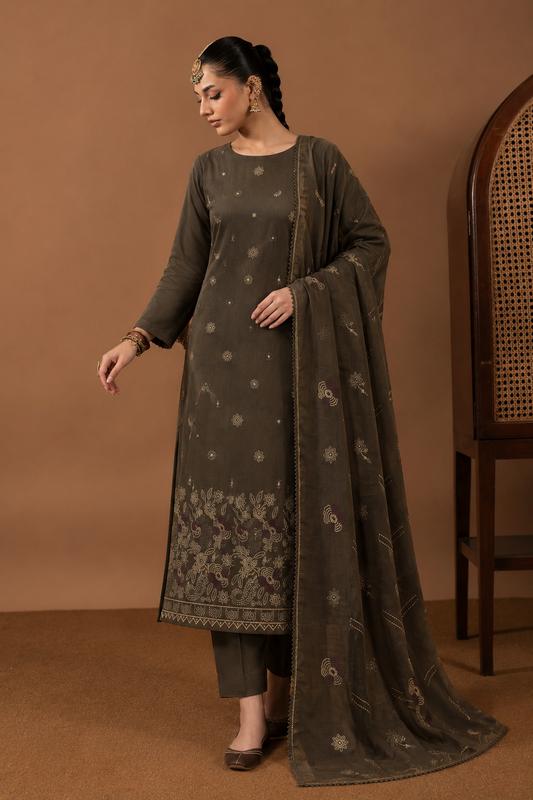 Olive Brown winter Dhanak 3 piece unstitched suit front – Anaya Haram