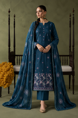 Teal Blue winter Dhanak 3 piece unstitched suit front – Anaya Haram