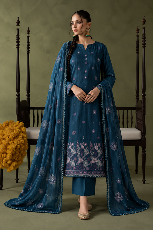 Teal Blue winter Dhanak 3 piece unstitched suit front – Anaya Haram