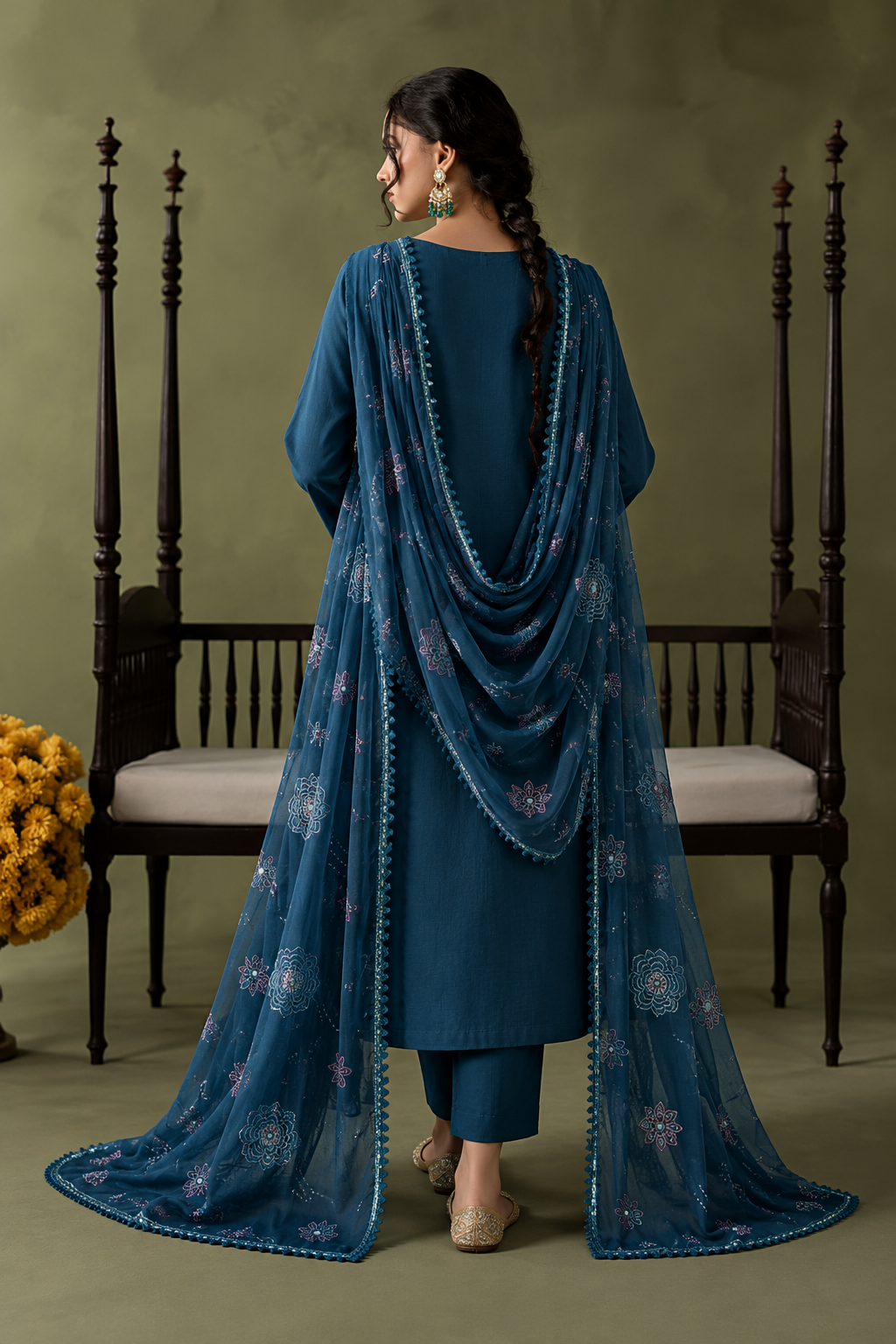 Teal Blue winter Dhanak 3 piece unstitched suit back – Anaya Haram