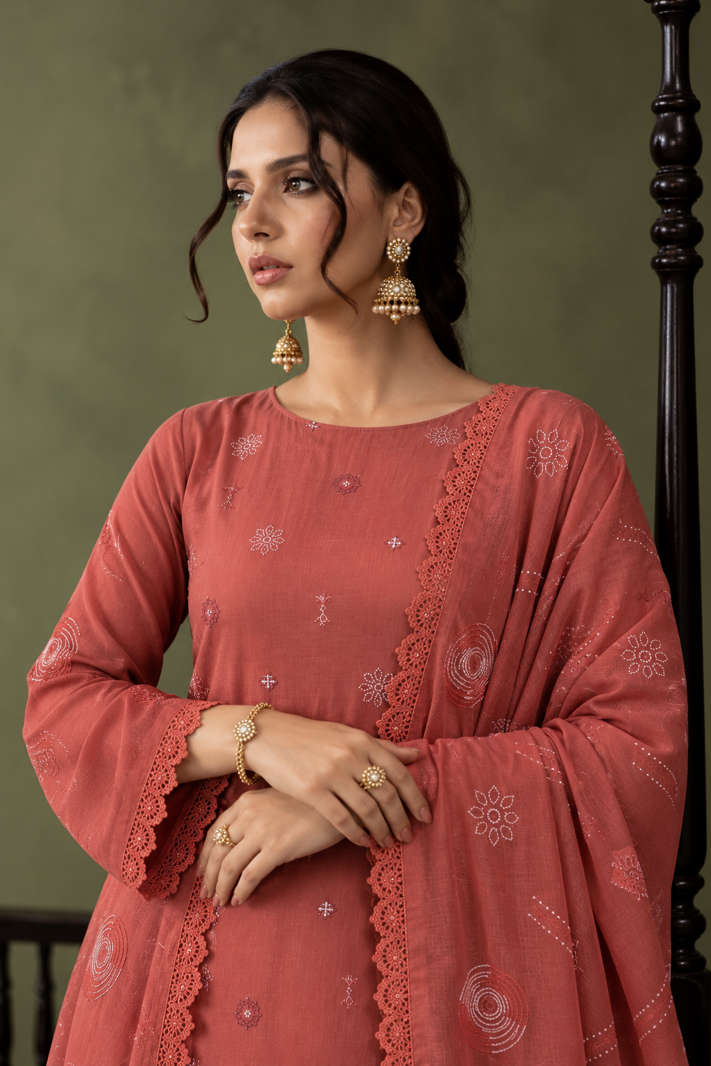 Dusty Rose winter Dhanak 3 piece unstitched suit front – Anaya Haram