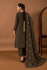 Olive Brown winter Dhanak 3 piece unstitched suit back – Anaya Haram