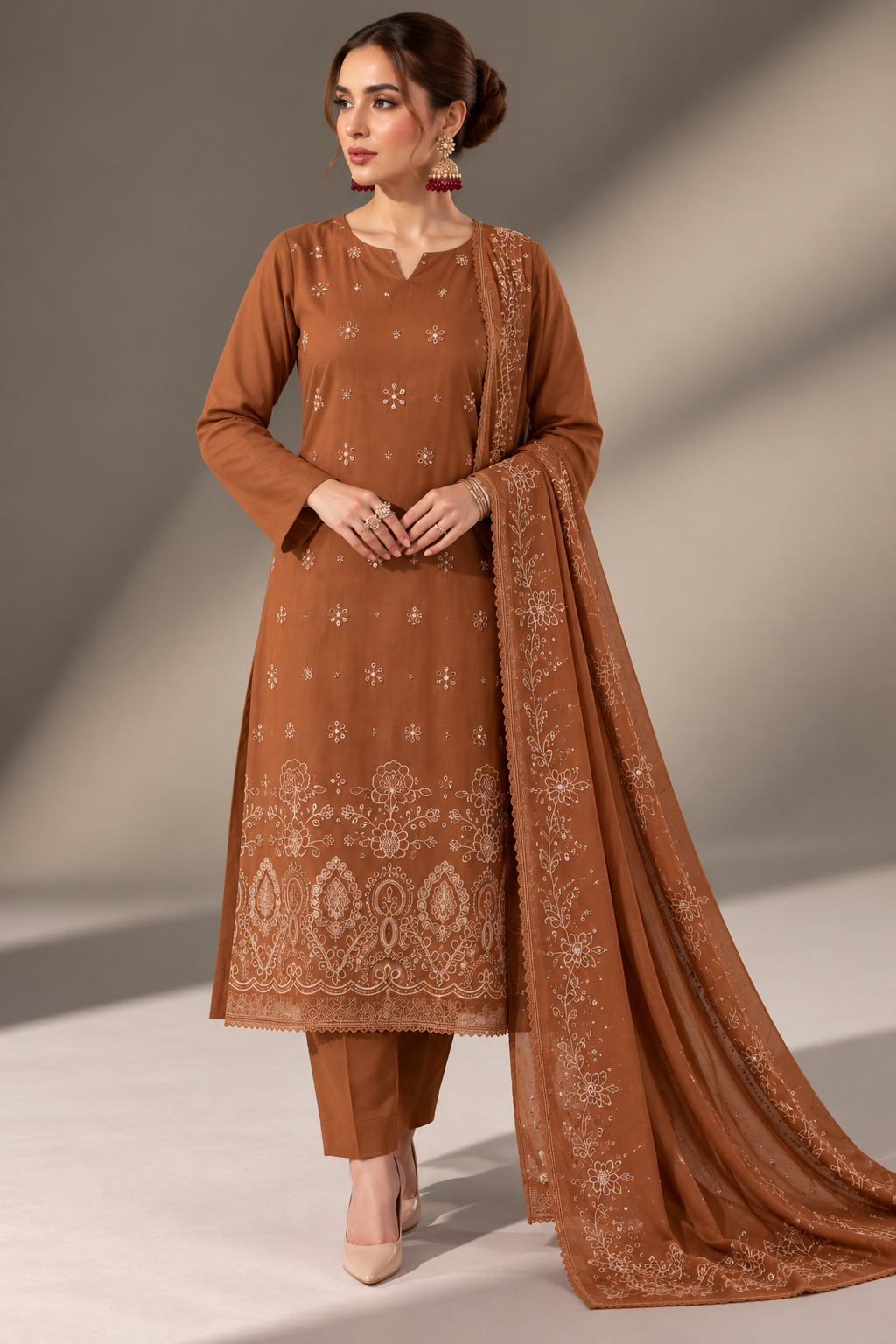 Rust Brown winter Dhanak 3 piece unstitched suit back – Anaya Haram