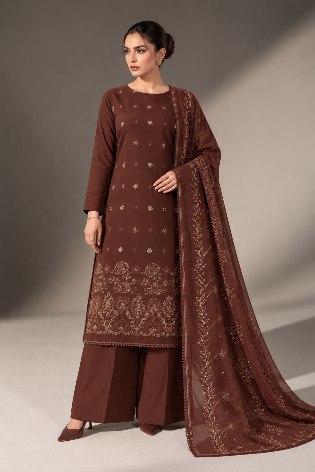 Chocolate Brown winter Dhanak 3 piece unstitched suit front – Anaya Haram