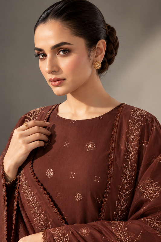 Chocolate Brown winter Dhanak 3 piece unstitched suit back – Anaya Haram