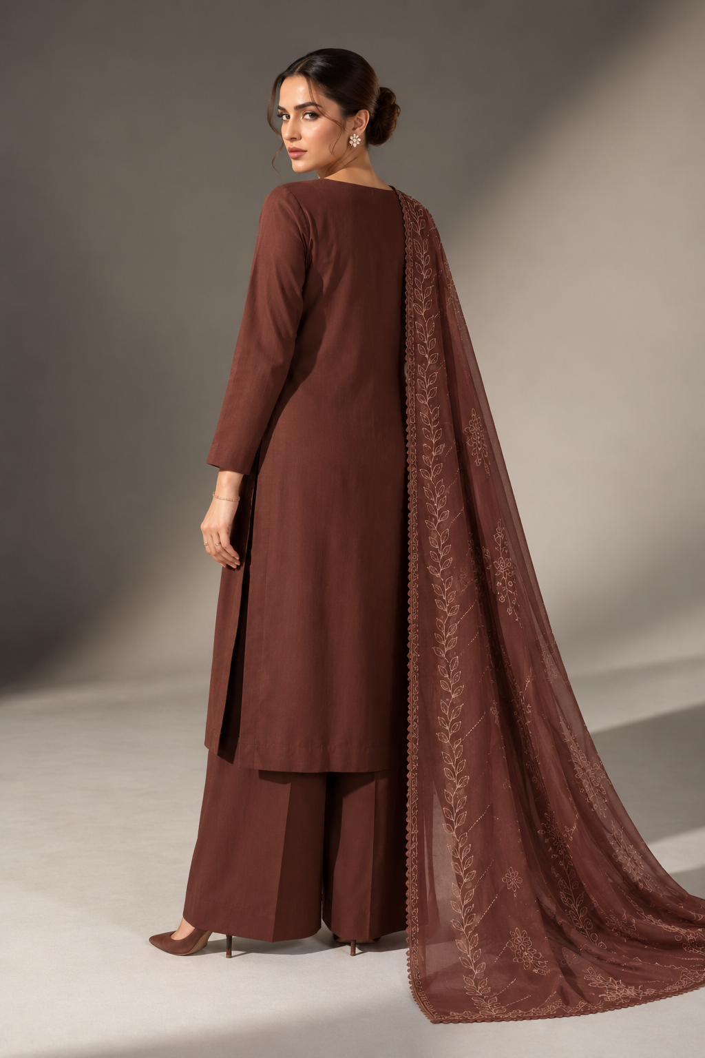 Chocolate Brown winter Dhanak 3 piece unstitched suit detail – Anaya Haram