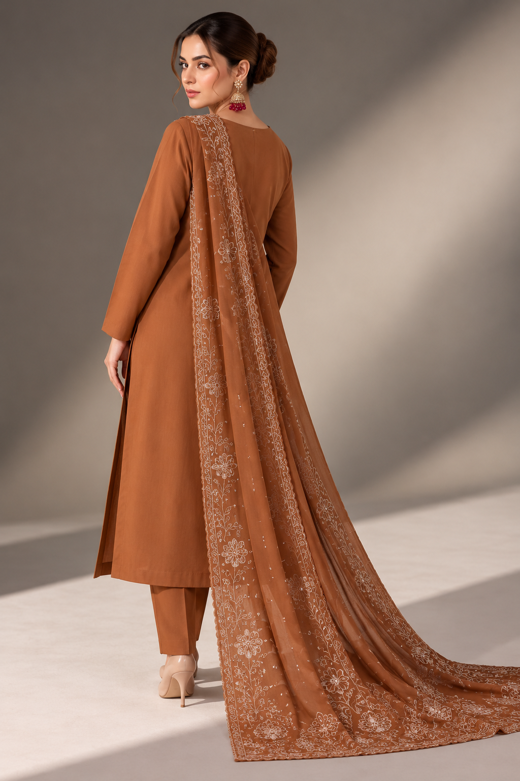 Chocolate Brown winter Dhanak 3 piece unstitched suit style – Anaya Haram