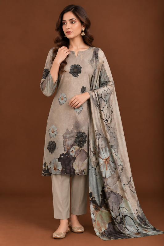 Grey floral 3 piece unstitched printed lawn suit for women