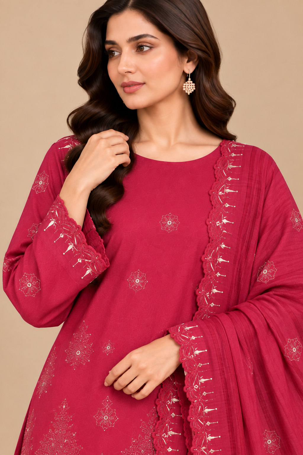 Raspberry pink luxury lawn suit embroidery and dupatta close up