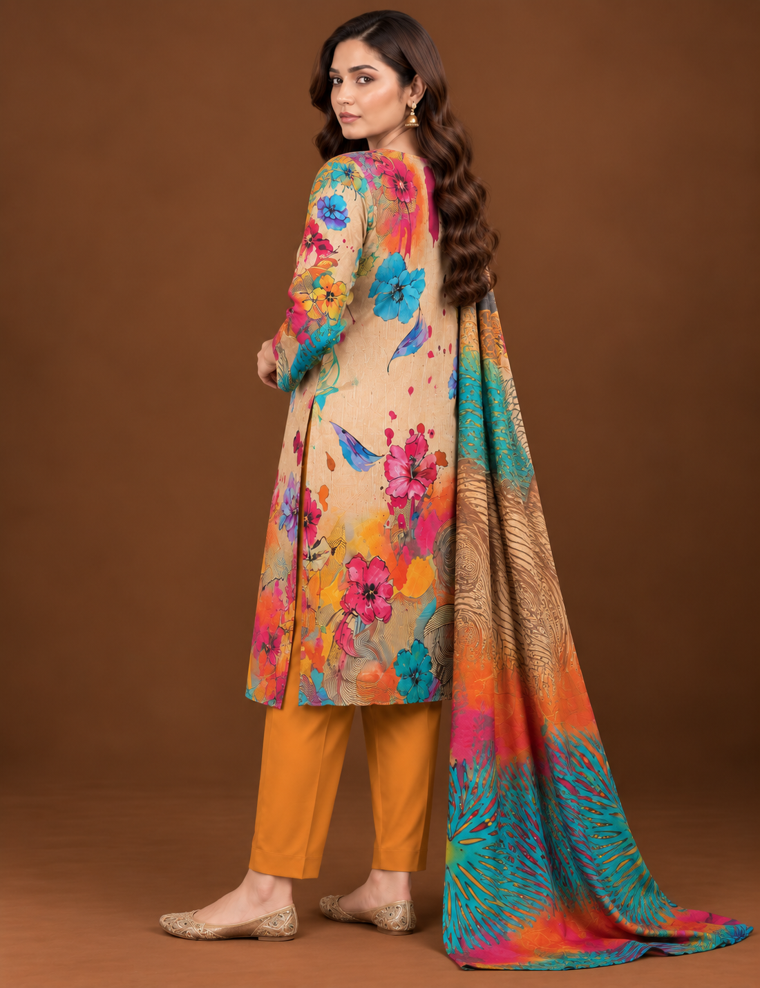 3 piece unstitched multicolor lawn suit with printed dupatta