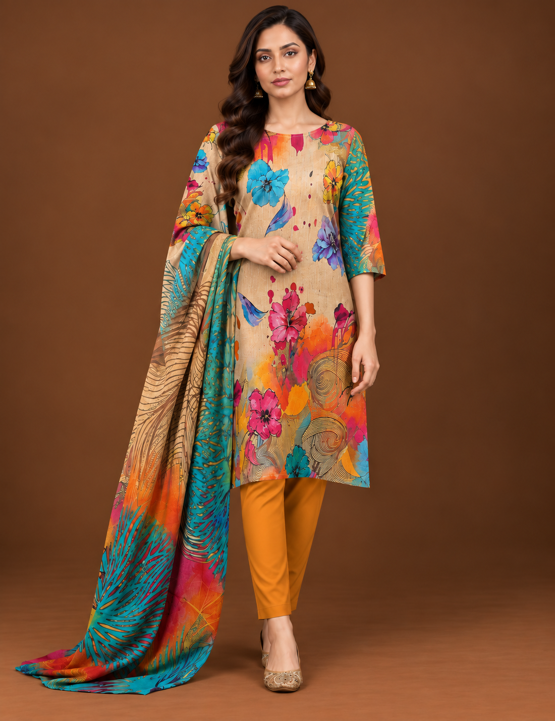 Multicolor floral 3 piece unstitched printed lawn suit for women
