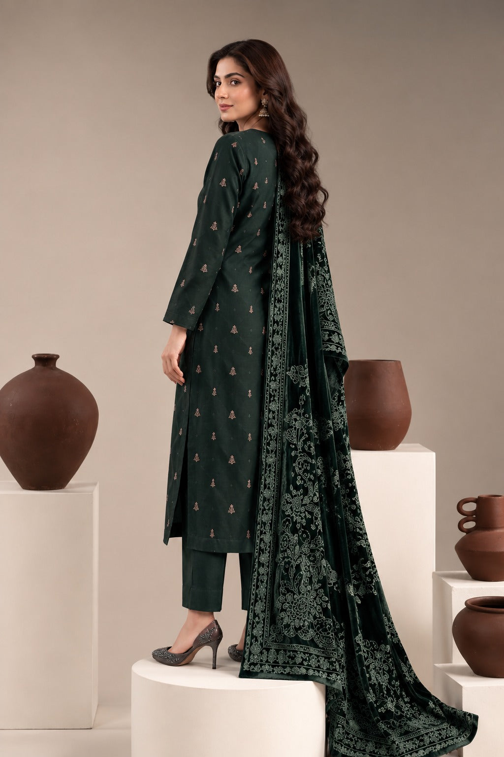 Forest Green embroidered winter suit with velvet shawl, back view styled on a model